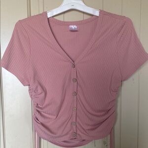 Pink V-neck short sleeve button down shirt with ruched tie front